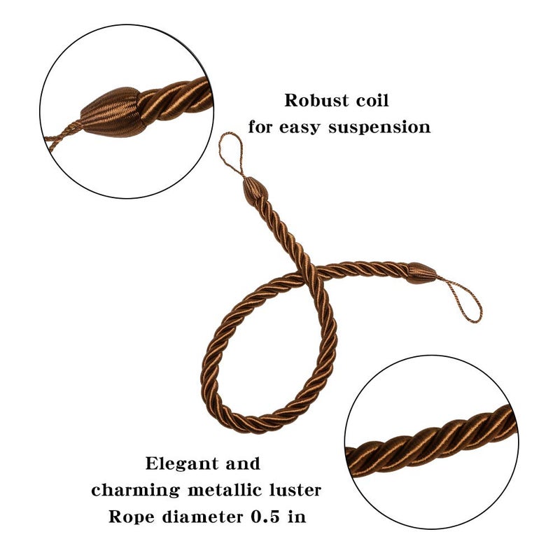 BEL AVENIR Curtain Ropes Tiebacks Tie-Backs, Curtain Handmade Holdbacks with 2 Metal Screw Hooks (Coffee, 2pack) - Image 2